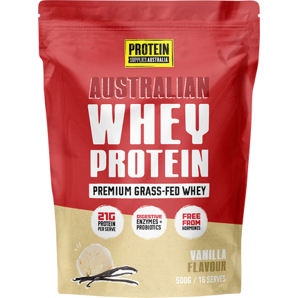 Protein Supplies Australia Australian Whey Protein in Vanilla flavor, ideal for muscle growth, recovery, and fitness nutrition.