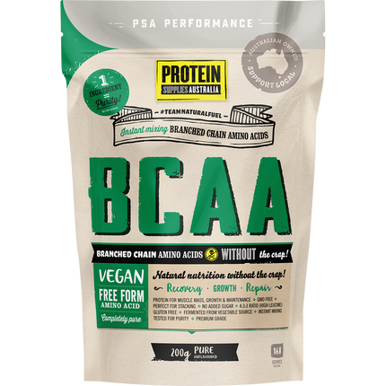 Protein Supplies Australia Branched Chain Amino Acids (BCAA) in pure form, supporting muscle recovery, endurance, and workout performance.