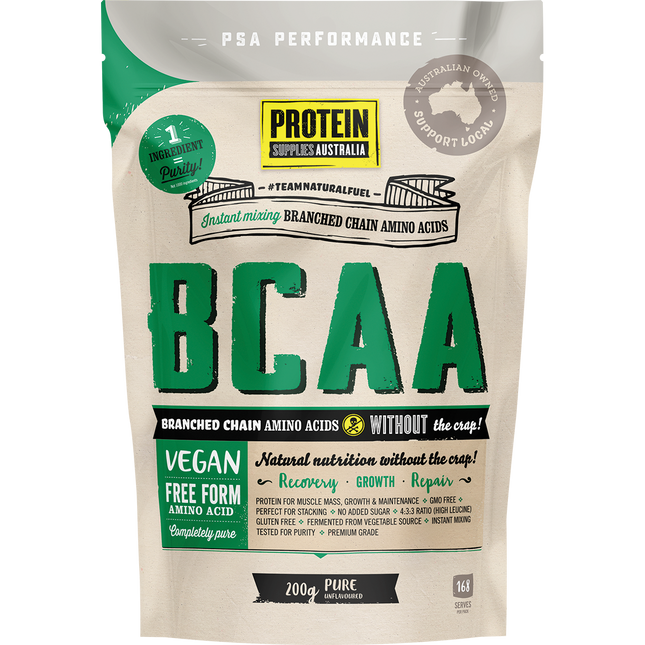 Protein Supplies Australia Branched Chain Amino Acids (BCAA) in pure form, supporting muscle recovery, endurance, and workout performance.