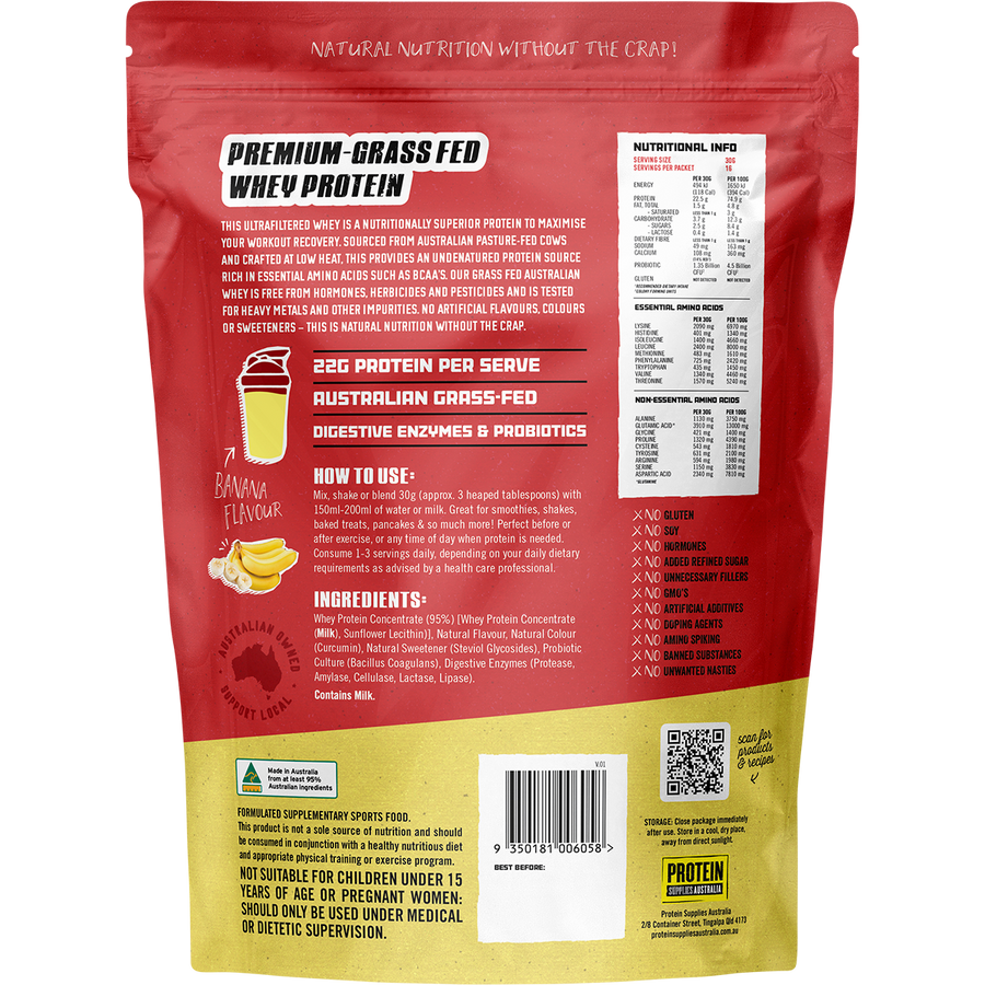 Banana-flavored Australian Whey Protein from Protein Supplies Australia, perfect for shakes, smoothies, and supporting an active lifestyle.