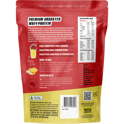 Banana-flavored Australian Whey Protein from Protein Supplies Australia, perfect for shakes, smoothies, and supporting an active lifestyle.