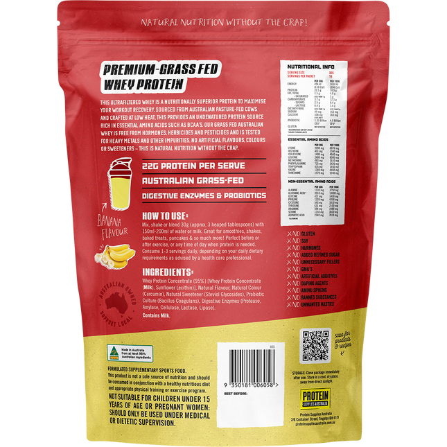 Banana-flavored Australian Whey Protein from Protein Supplies Australia, perfect for shakes, smoothies, and supporting an active lifestyle.
