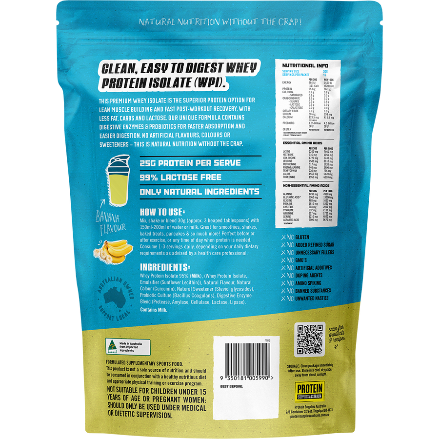 Banana-flavored WPI Whey Protein Isolate from Protein Supplies Australia, perfect for shakes, smoothies, and supporting an active lifestyle.