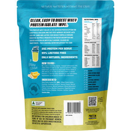 Banana-flavored WPI Whey Protein Isolate from Protein Supplies Australia, perfect for shakes, smoothies, and supporting an active lifestyle.