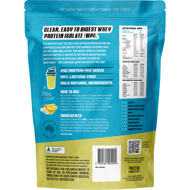 Banana-flavored WPI Whey Protein Isolate from Protein Supplies Australia, perfect for shakes, smoothies, and supporting an active lifestyle.