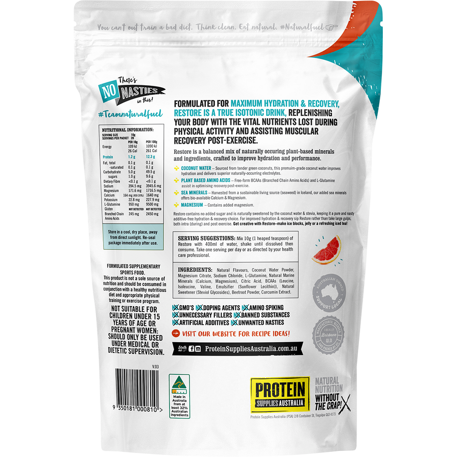 Blood Orange-flavored Restore Hydration Recovery Drink from Protein Supplies Australia, perfect for rehydration and recovery after exercise.