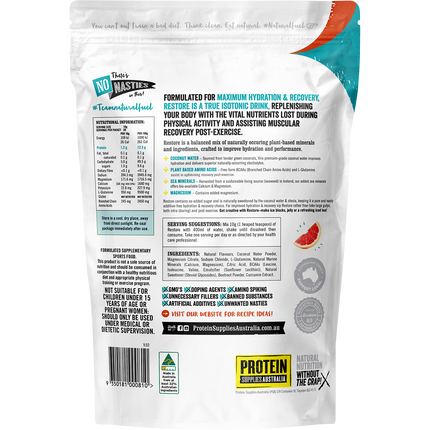 Blood Orange-flavored Restore Hydration Recovery Drink from Protein Supplies Australia, perfect for rehydration and recovery after exercise.