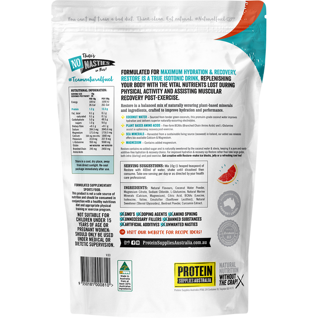 Blood Orange-flavored Restore Hydration Recovery Drink from Protein Supplies Australia, perfect for rehydration and recovery after exercise.
