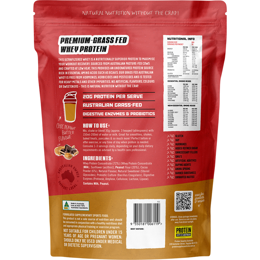 Choc Peanut Butter-flavored Australian Whey Protein from Protein Supplies Australia, ideal for shakes, smoothies, and supporting an active lifestyle.