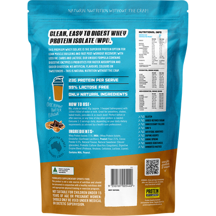 Choc Peanut Butter-flavored WPI Whey Protein Isolate from Protein Supplies Australia, ideal for shakes, smoothies, and active lifestyles.