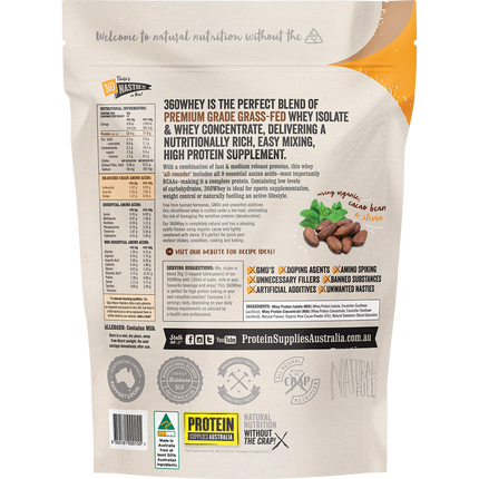 Chocolate-flavored 360Whey WPI+WPC Combo from Protein Supplies Australia, ideal for shakes, smoothies, and active lifestyles.