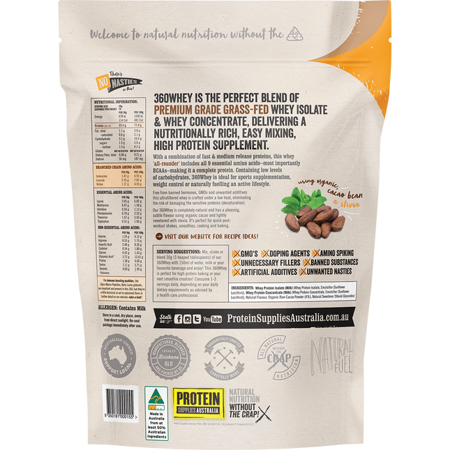 Chocolate-flavored 360Whey WPI+WPC Combo from Protein Supplies Australia, ideal for shakes, smoothies, and active lifestyles.