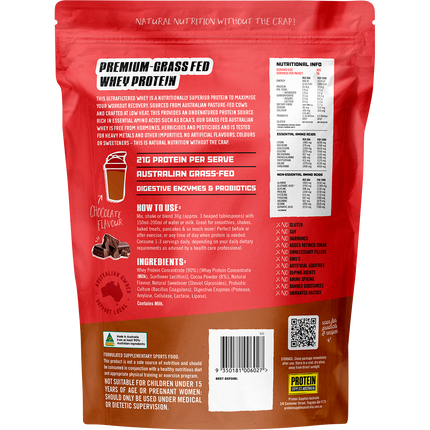 Chocolate-flavored Australian Whey Protein from Protein Supplies Australia, perfect for shakes, smoothies, and an active lifestyle.