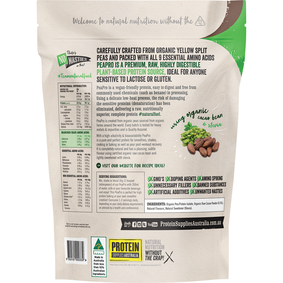 Chocolate-flavored PeaPro Raw Pea Protein from Protein Supplies Australia, ideal for shakes, smoothies, and supporting fitness and wellness goals.