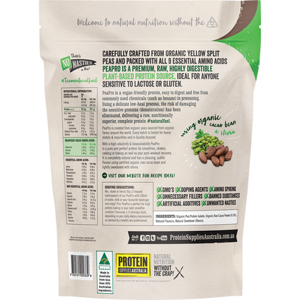 Chocolate-flavored PeaPro Raw Pea Protein from Protein Supplies Australia, ideal for shakes, smoothies, and supporting fitness and wellness goals.