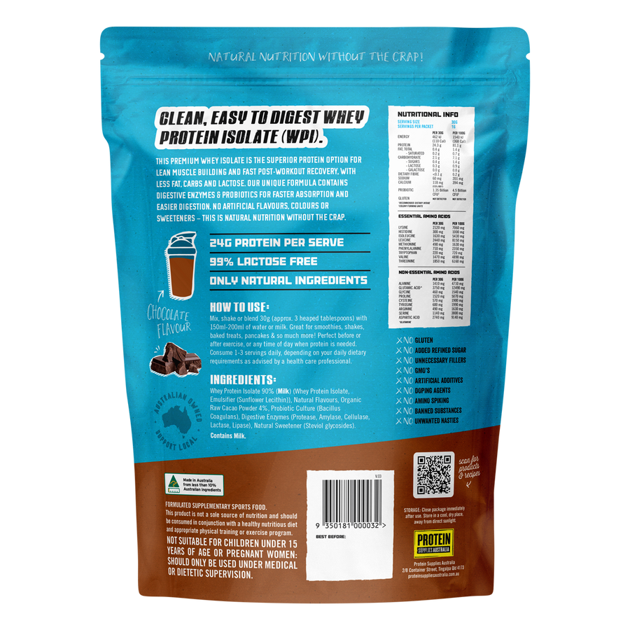 Chocolate-flavored WPI Whey Protein Isolate from Protein Supplies Australia, perfect for shakes, smoothies, and supporting an active lifestyle.