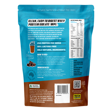 Chocolate-flavored WPI Whey Protein Isolate from Protein Supplies Australia, perfect for shakes, smoothies, and supporting an active lifestyle.