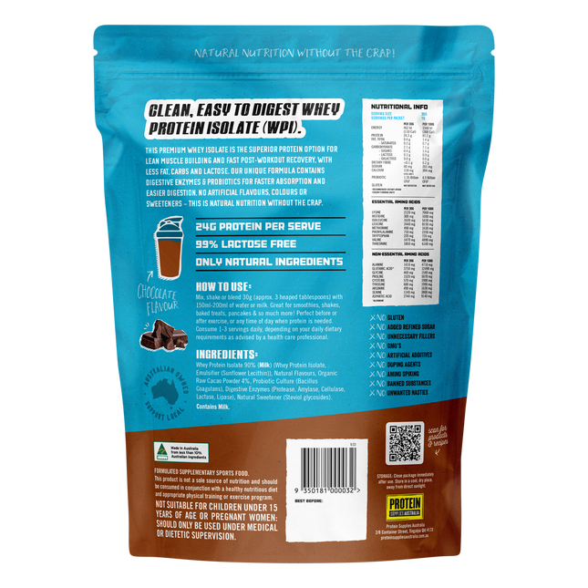 Chocolate-flavored WPI Whey Protein Isolate from Protein Supplies Australia, perfect for shakes, smoothies, and supporting an active lifestyle.