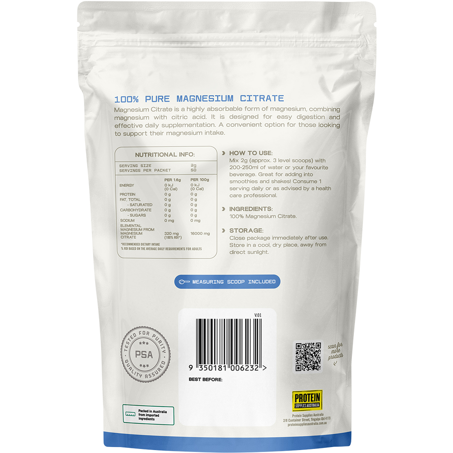 Magnesium Citrate from Protein Supplies Australia, ideal for promoting muscle health, recovery, and daily nutritional support.