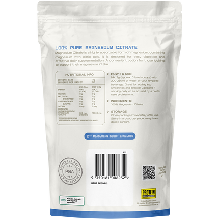 Magnesium Citrate from Protein Supplies Australia, ideal for promoting muscle health, recovery, and daily nutritional support.