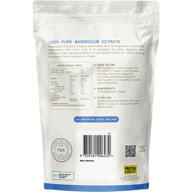 Magnesium Citrate from Protein Supplies Australia, ideal for promoting muscle health, recovery, and daily nutritional support.