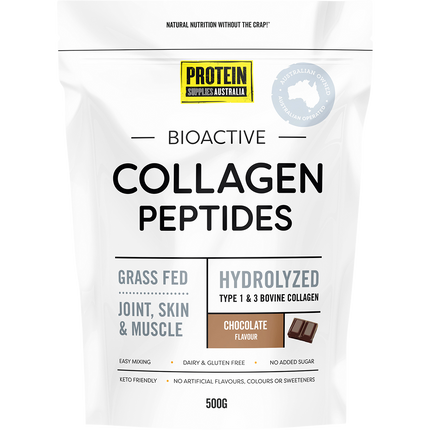 A container of Protein Supplies Australia Collagen Peptides in Chocolate flavor, supporting skin, hair, nails, and joint health.