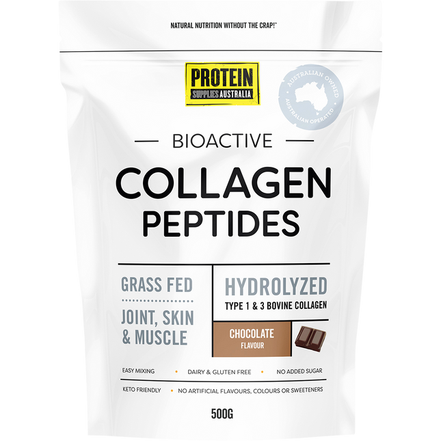 A container of Protein Supplies Australia Collagen Peptides in Chocolate flavor, supporting skin, hair, nails, and joint health.