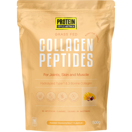 Protein Supplies Australia Collagen Peptides in Mango Passionfruit flavor, supporting healthy skin, hair, nails, and joints.