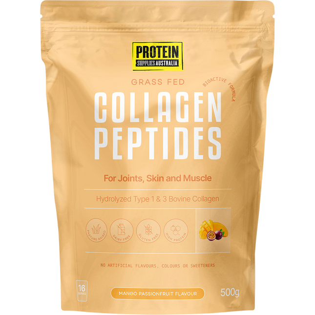 Protein Supplies Australia Collagen Peptides in Mango Passionfruit flavor, supporting healthy skin, hair, nails, and joints.