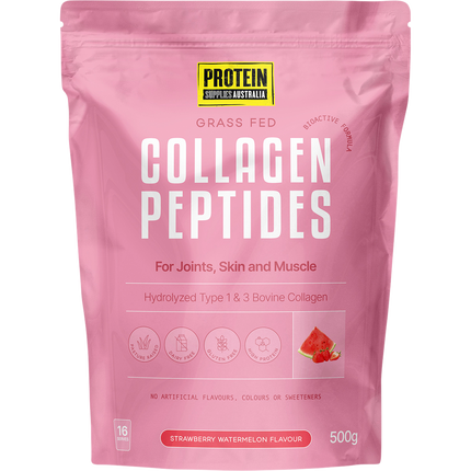 Protein Supplies Australia Collagen Peptides in Strawberry Watermelon flavor, supporting healthy skin, hair, nails, and joints.
