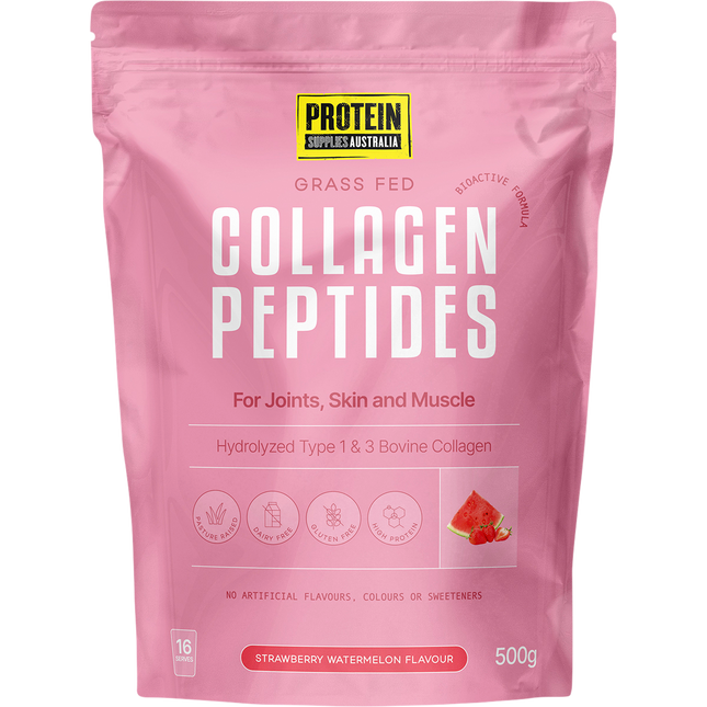Protein Supplies Australia Collagen Peptides in Strawberry Watermelon flavor, supporting healthy skin, hair, nails, and joints.