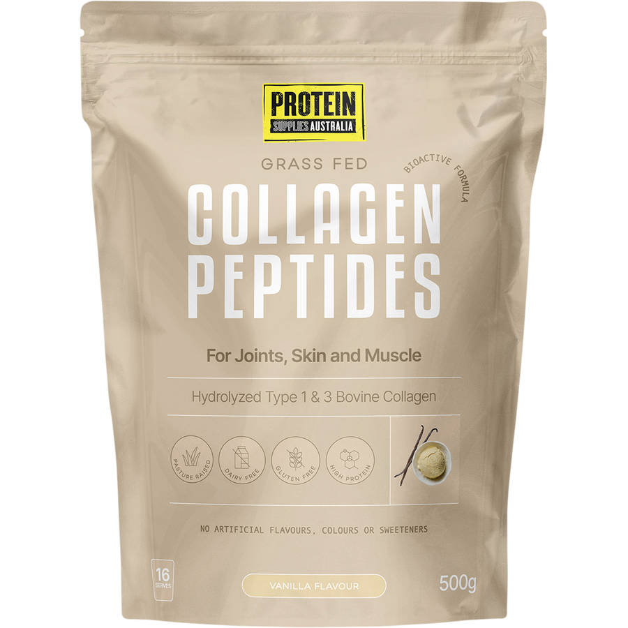 Protein Supplies Australia Collagen Peptides in vanilla flavor, supporting healthy skin, hair, nails, and joints.