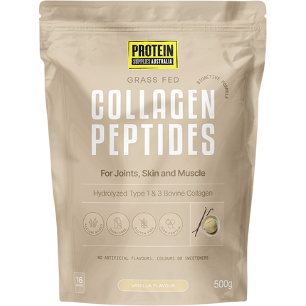 Protein Supplies Australia Collagen Peptides in vanilla flavor, supporting healthy skin, hair, nails, and joints.