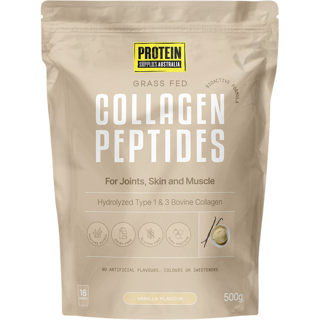 Protein Supplies Australia Collagen Peptides in vanilla flavor, supporting healthy skin, hair, nails, and joints.