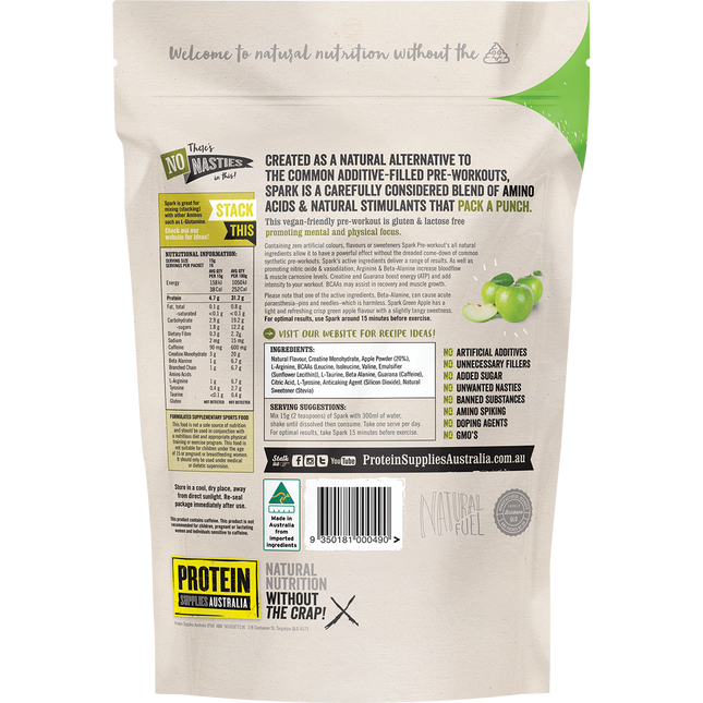 Green Apple-flavored Spark All Natural Pre-workout from Protein Supplies Australia, ideal for enhancing energy, endurance, and exercise performance.