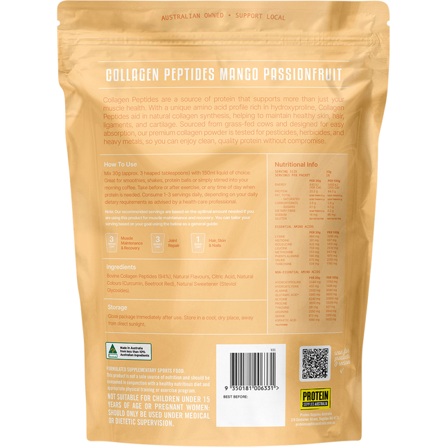 Mango Passionfruit-flavored Collagen Peptides from Protein Supplies Australia, perfect for daily protein intake and wellness support.