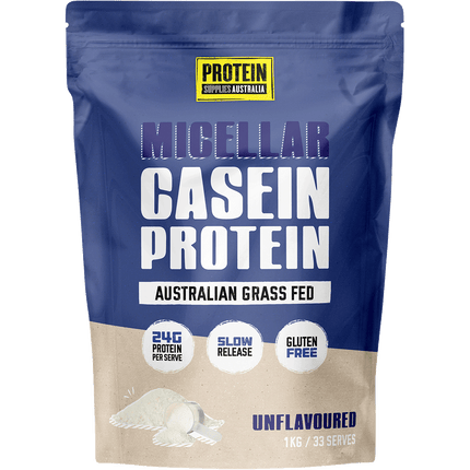 Protein Supplies Australia Micellar Casein Protein, a slow-digesting protein powder ideal for overnight muscle recovery and sustained protein release.