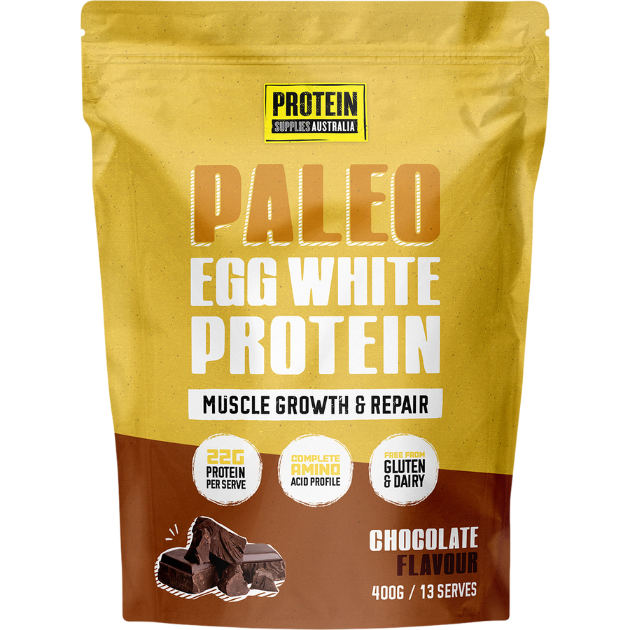 Protein Supplies Australia Paleo Egg White Protein in chocolate flavor, a high-quality protein source for muscle growth, recovery, and fitness nutrition.