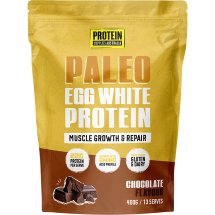 Protein Supplies Australia Paleo Egg White Protein in chocolate flavor, a high-quality protein source for muscle growth, recovery, and fitness nutrition.