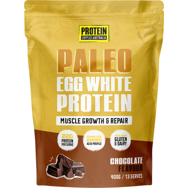 Protein Supplies Australia Paleo Egg White Protein in chocolate flavor, a high-quality protein source for muscle growth, recovery, and fitness nutrition.