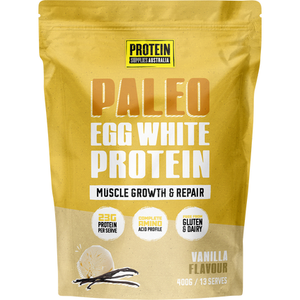 Protein Supplies Australia Paleo Egg White Protein in vanilla flavor, a high-quality protein source for muscle growth, recovery, and fitness nutrition.