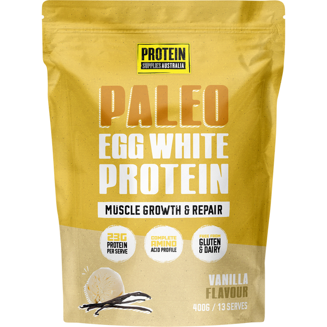 Protein Supplies Australia Paleo Egg White Protein in vanilla flavor, a high-quality protein source for muscle growth, recovery, and fitness nutrition.