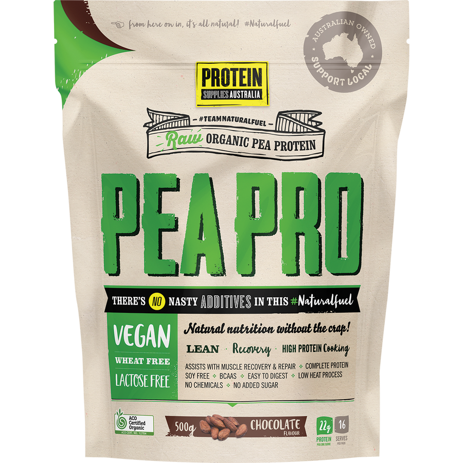Protein Supplies Australia PeaPro Raw Pea Protein in Chocolate flavor, a plant-based protein powder for muscle growth, recovery, and active lifestyles.