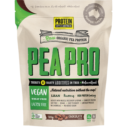 Protein Supplies Australia PeaPro Raw Pea Protein in Chocolate flavor, a plant-based protein powder for muscle growth, recovery, and active lifestyles.
