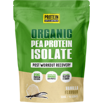 Protein Supplies Australia Pea Protein Isolate in Vanilla flavor, a plant-based protein powder supporting muscle growth, recovery, and fitness nutrition.