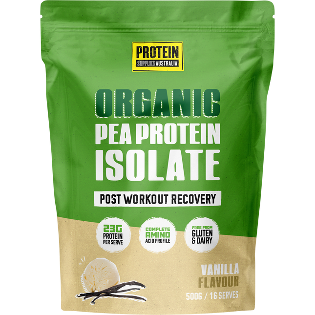 Protein Supplies Australia Pea Protein Isolate in Vanilla flavor, a plant-based protein powder supporting muscle growth, recovery, and fitness nutrition.