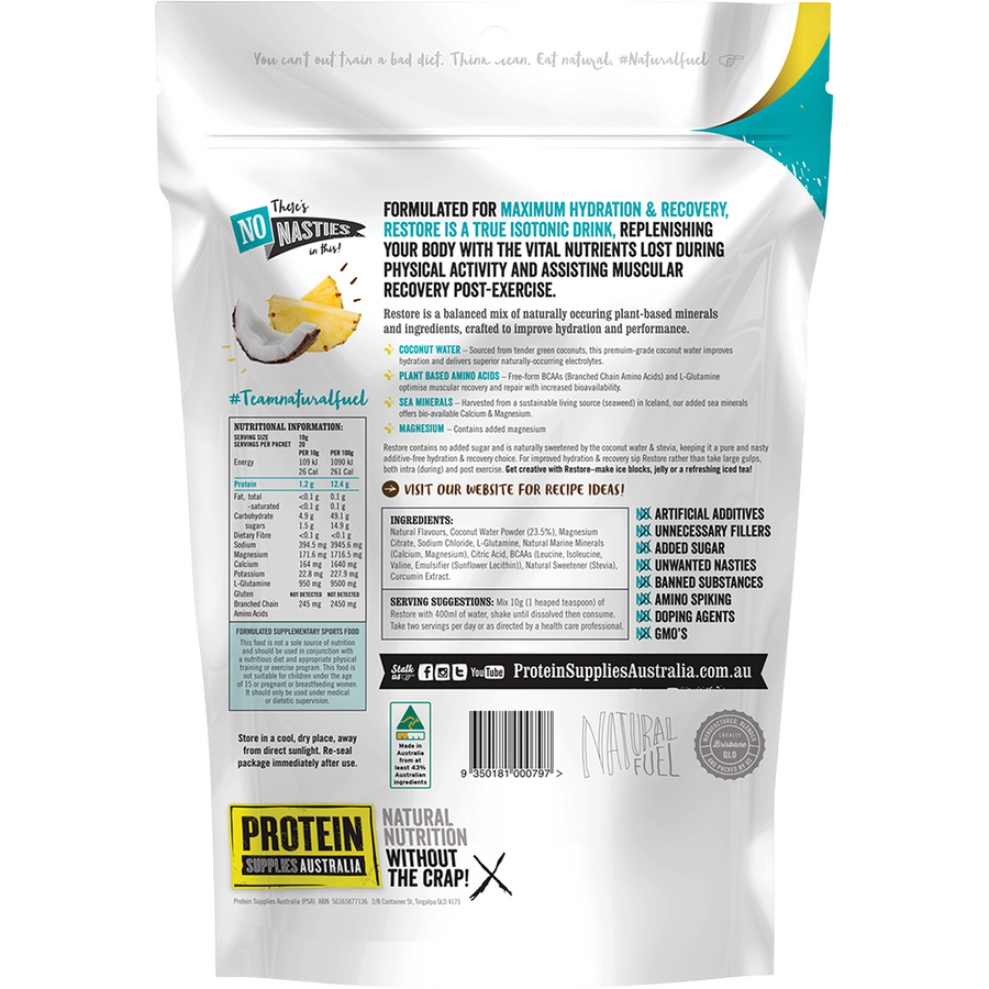 Pine Coconut-flavored Restore Hydration Recovery Drink from Protein Supplies Australia, ideal for rehydration, recovery, and electrolyte balance after exercise.