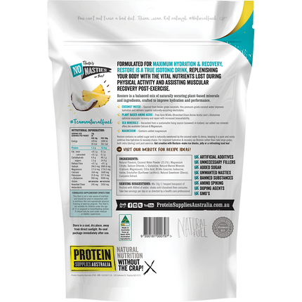 Pine Coconut-flavored Restore Hydration Recovery Drink from Protein Supplies Australia, ideal for rehydration, recovery, and electrolyte balance after exercise.