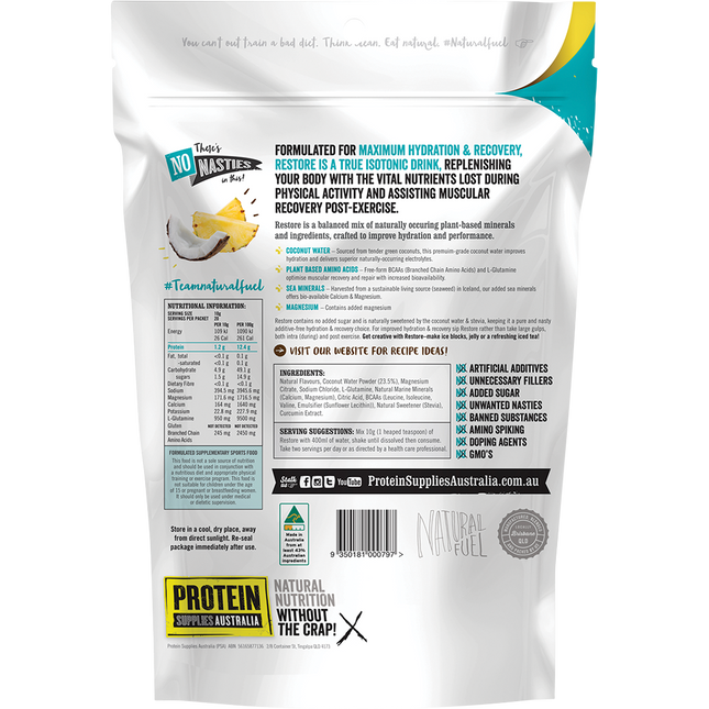 Pine Coconut-flavored Restore Hydration Recovery Drink from Protein Supplies Australia, ideal for rehydration, recovery, and electrolyte balance after exercise.