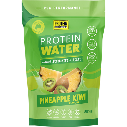 Protein Supplies Australia Protein Water in Pineapple Kiwi flavor, a refreshing low-calorie drink for hydration and daily protein intake.